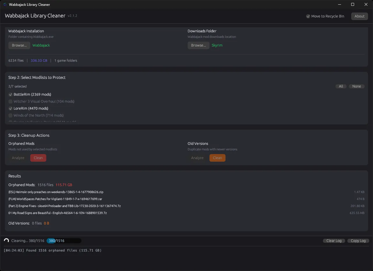 Wabbajack Library Cleaner main interface showing mod cleanup options