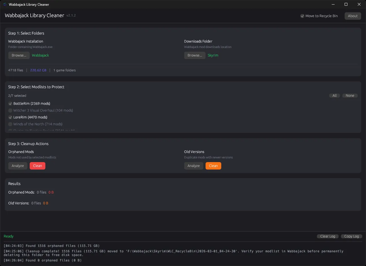 Wabbajack Library Cleaner after cleanup — 0 orphaned files remaining, completion message in log